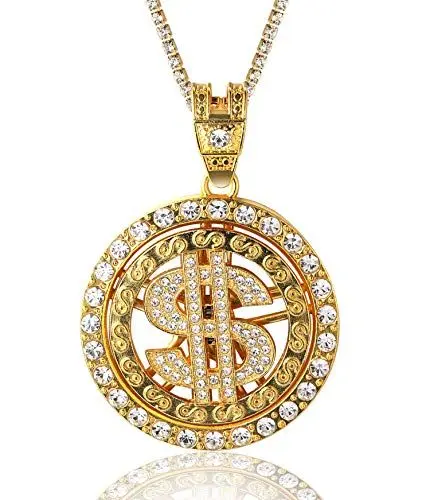 Produktbild: Goldkette Herren Iced Out,18 Karat Echt Vergoldet Drehbarer US-Dollar Anhänger Halskette,Volle Cz Labordiamants Zinken-Set,mit Baby-Tennis-Kette 50cm,KOSTENLOSE Geschenkbox