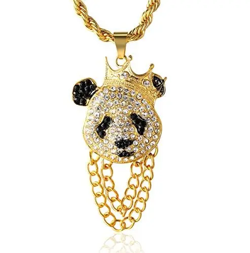 Produktbild: Goldkette Herren Iced Out,18 Karat Echt Vergoldet Kronenpanda Anhänger Halskette,Volle Cz Labordiamants Zinken-Set,mit Seilkette 60cm,KOSTENLOSE Geschenkbox