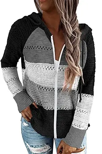 Produktbild: GOLDPKF Wickelpullover Damen Damen Strickjacke Bunt Langarmshirt Damen Hoodies Hohler Pullover Gestreift Farbanpassung Sweatshirt Hoodie Top Damen Damen Pullover Schwarz S 36-38