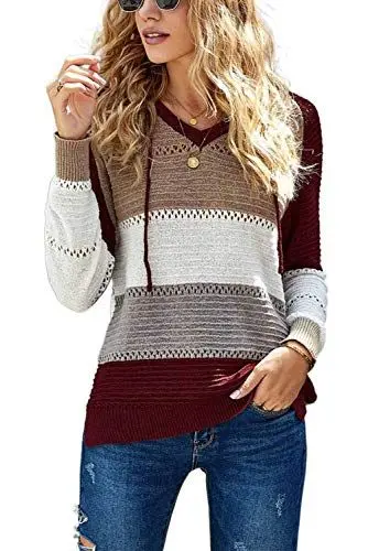 Produktbild: GOLDPKF Pullover Oversize Damen Sport Shirts FüR Damen Farbblock Kapuzenpullover Gestreift Hoodie Entspannt Sweatshirt mit Kapuze Lässiger Hohlpullover Oberteile Rotwein M 40-42