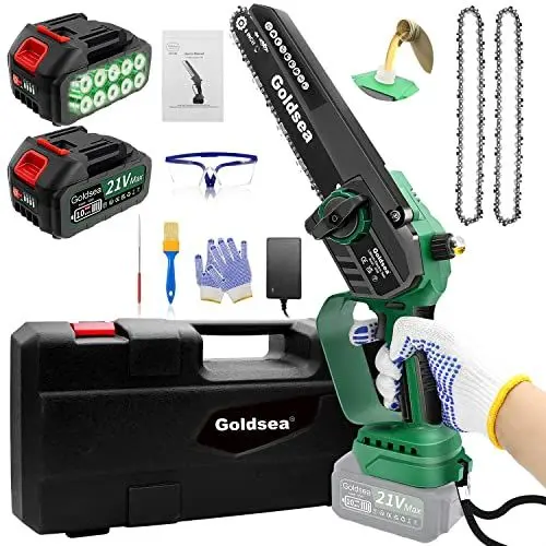 Produktbild: 8 Zoll Mini Kettensäge mit Akku 8000mAh, Goldsea Akku Kettensäge mit Automatischer Öler und 2 x 4.0Ah Akku Bürstenloser Motor Werkzeuglose Kettenspannung für Gartenscheren Astschere Holzschneidenz