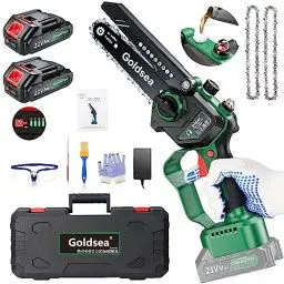 Produktbild: Goldsea Mini Kettensäge mit Akku, 6 Zoll Akku Kettensäge mit Akku und Ladegerät, Bürstenloser Motor, Automatische Kettenschmierung und Werkzeuglose Kettenspannung, Tragbar Akku Handkettensäge