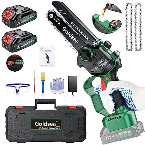 Produktbild: Goldsea Mini Kettensäge mit Akku, 6 Zoll Akku Kettensäge mit Akku und Ladegerät, Bürstenloser Motor, Automatische Kettenschmierung und Werkzeuglose Kettenspannung, Tragbar Akku Handkettensäge