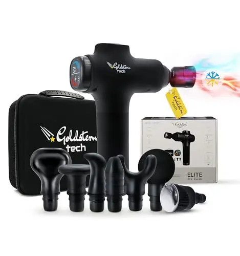 Produktbild: Goldstern tech Elite® Massagepistole mit Wärmefunktion und Kälte mit 30 Stufen,9-teilige Massage gun Set,Massagegerät warm kalt zur Muskelentspannung, mit Drucksensor, Muskelpistole (Schwarz)