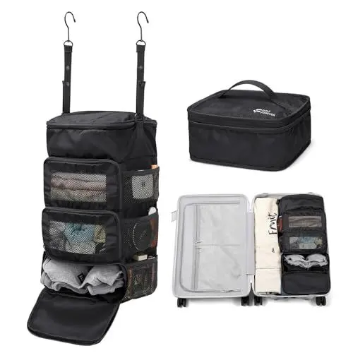Produktbild: GOLF QUALITY Mehrschichtige Aufbewahrungstasche, lässiger einfacher Gepäck-Organizer mit Haken, Kleidung, Unterwäsche, Handgepäckschrank, A-Classic schwarz, Small