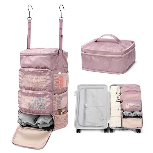 Produktbild: GOLF QUALITY Mehrschichtige Aufbewahrungstasche, lässiger einfacher Gepäck-Organizer mit Haken, Kleidung, Unterwäsche, Handgepäckschrank, A-Lila Pink, Small