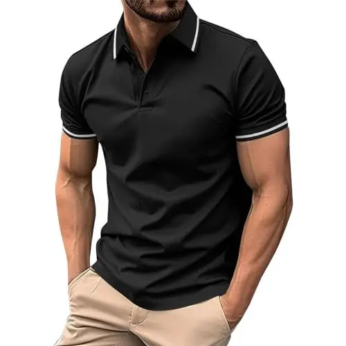 Produktbild: Golf Poloshirt Herren Herren Poloshirt Kurzarm 3XL Stretch Tshirt Herren Herren Poloshirt Slim Fit Herren Poloshirt Slim Fit Herren Poloshirt 3XL Poloshirt Herren Brusttasche Schwarz L