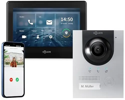 Produktbild: GOLIATH Full-HD Video Türsprechanlage, Aufputz Türstation in Silber, 1 Familienhaus Set, Touchscreen Monitor schwarz, 2 Draht Bus Gegensprechanlage, 2 Megapixel Kamera, 180° Weitwinkel, AV-BUS-103