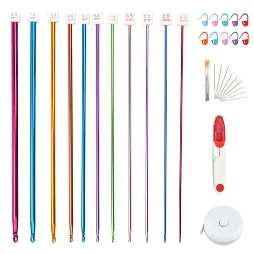 Produktbild: GOLRISEN 11 Stk Tunesische Häkelnadeln Set 2-8mm Stricken Werkzeuge Aluminium Tunesische Häkelnadel mit Häkelzubehör Stricknadeln Tunesische Häkelnadelset für Decken Schals und Andere Häkelprojekte