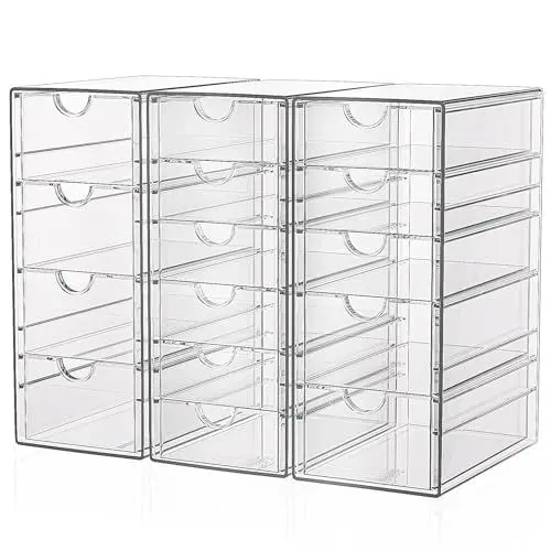 Produktbild: GoMaihe 3-Stücke Schubladenboxen Schreibtisch: Acryl Durchsichtig Schminktisch Organizer | Make up Organizer mit 15 Schubladen | Schreibtisch Organizer für Hause Büro Schule