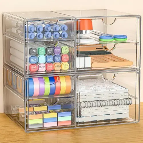 Produktbild: GoMaihe Acryl Schreibtisch Organizer mit 7-Schubladen: 2 Stücke Schubladenbox | Durchsichtig Schminktisch Organizer | Make up Organizer | Büro Organizer für Bürobedarf Kosmetik Schmuck