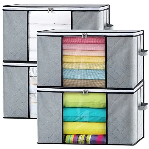 Produktbild: GoMaihe Aufbewahrungstasche 4 Set 90L Faltbare Aufbewahrungsbox mit Deckel Verstärktem Griff and Reißverschluss, Organizer kleideraufbewahrung für Aufbewahrung Bettdecken Kissen Kleidung Grau