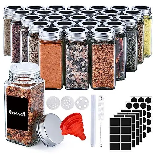 Produktbild: OMOZUN Gewürzbehälter, 25 Stück – Vorratsbehälter für Gewürze aus Glas mit Deckel aus Edelstahl, 25 x 120 ml, für Siebe, Trichter, Reinigungsbürste, Etiketten und Organisation der Küche