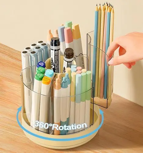 Produktbild: GoMaihe Stiftehalter Schreibtisch Kinder Drehbar - 360-Grad Drehbarer Stifthalter Organizer mit 6 Fächer Abnehmbar - Schreibwaren & Kosmetik Organizer für Schule Büro Zuhause(Gelb)