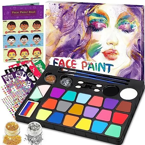 Produktbild: Gontence Kinderschminke Set - Schminke Kinder mit 20 Farben Pinsel Glitzer Make-Up-Schwamm Schablonen - Faschingsschminke Theaterschminke Karnevalsschminke - Halloween Fasching Karneval Schminke