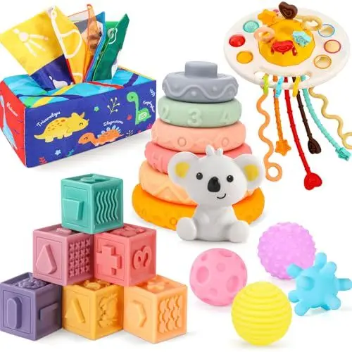 Produktbild: Gontence Montessori Spielzeug Baby 6 Monate, 5er-Set Baby Spielzeug 1 Jahr, Babyspielzeug Motorikspielzeug | TüCherbox Baby | Stapelturm Baby | Greifball für Babys, Geschenk 12 Monate