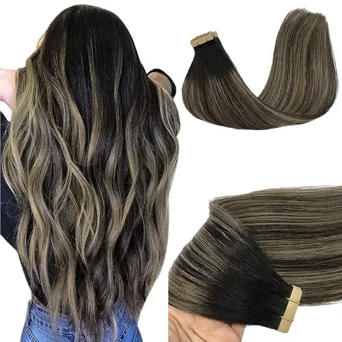 Produktbild: GOO GOO Tape in Extensions Echthaar, Tape Extensions Echthaar, 35cm 50g 20pcs, Extensions Echthaar, Haarverlängerung Echthaar, 1B/19/1B Naturschwarz Gemischt Hellblond
