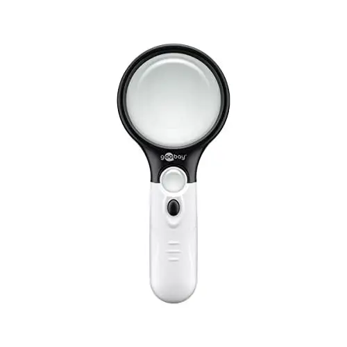 Produktbild: Goobay 41255 Beleuchtete Leselupe - Leichte Handleselupe mit LED Licht - Hohe Klarheit - Verzerrungsfreie Lupe mit 2x und 12x Vergrößerung - Vergrößerungsglas