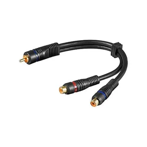 Produktbild: Goobay 50930 Audio Y Adapterkabel, Stereo Cinch-Stecker zu 1x Cinch-Buchse, OFC, Zweifach geschirmt - Cinch-Stecker > 2x Cinch-Buchse (Audio links/rechts), Schwarz, , 0.20m Kabellänge