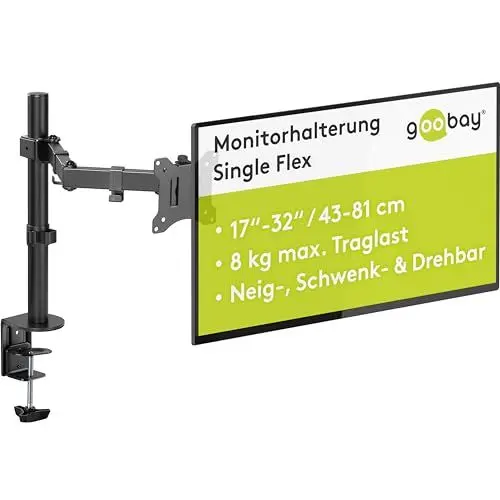 Produktbild: Goobay Monitorarm Single Flex – 17–32 Zoll Bildschirm – Tischhalterung VESA 75 und 100 mm – drehbar, schwenkbar und neigbar – höhenverstellbare Halterung – maximale Belastung 8 kg – Schwarz 58528