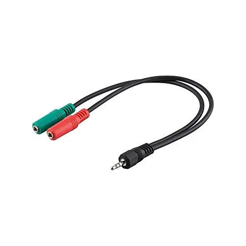 Produktbild: goobay 50467 Klinkenstecker Adapter – 4 Polig AUX Stecker 3,5mm auf 2x 3 Polige AUX Klinkebuchse 3,5mm – Y Headsetadapter 2 auf 1 – 0,3m, Schwarz, Grün, Rot, 1 pezzo