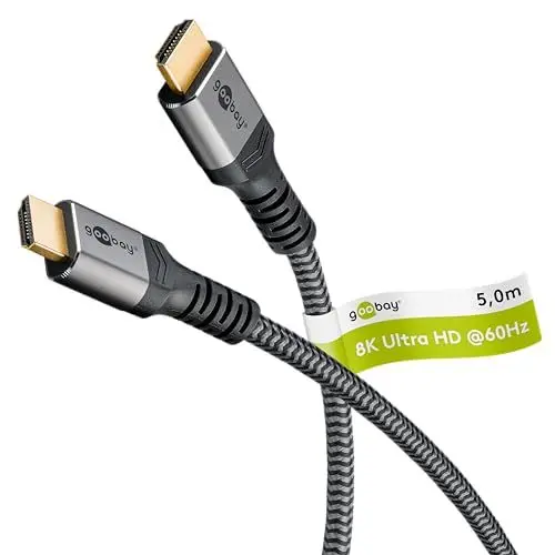 Produktbild: goobay HDMI 2.1-Kabel – Ultra High Speed ​​mit Ethernet – UHD-Auflösung 8k, 4k, 120 Hz und 60 Hz – vergoldeter Stecker – verhindert Korrosion – für Gaming oder Video-Streaming – Grau 65263(5 Meter)