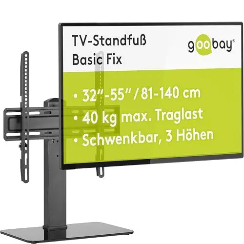 Produktbild: goobay TV Standfuß & Halter – für 32 bis 55 Zoll Flatscreen & Curved Fernseher & Monitore, 40kg Tragkraft, 35° Schwenkbar, 3 Stufig Höhenverstellbar Halterung, mit Kabelmanagement – ​​58524 Schwarz