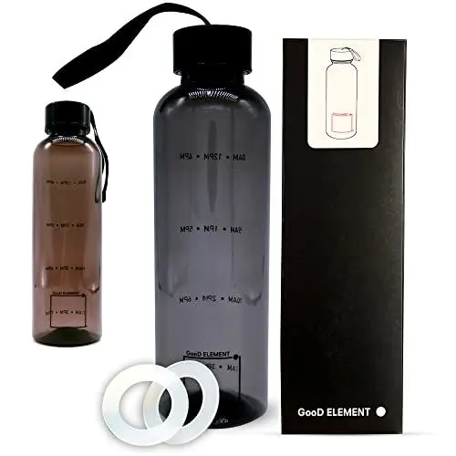 Produktbild: GooD ELEMENT, trinkflasche mit uhrzeit, trinkflasche 0 5 liter, trinkflasche 500ml auslaufsicher, trinkflasche erwachsene, bpa frei, trinkflasche Schule (Schwarz)