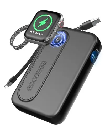 Produktbild: GOODaaa Wireless Watch Power Bank 10000mAh mit Zwei integrierten Kabeln 22.5W schnelles Aufladen tragbares Ladegerät externer Handy Akku mit LED-Anzeige Kompatibel für Apple Watch und Smartphones