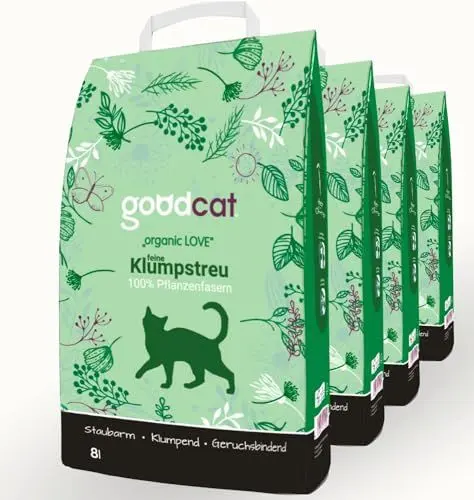 Produktbild: goodcat Organic Love Kompostierbare Katzenstreu 4x8 Liter –Klumpstreu aus 100 Prozent Pflanzenfasern, Biologisch abbaubar