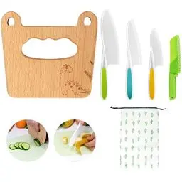 Produktbild: Goodchef Kindermesser 5-teiliges Kinder-Küchenmesser-Set zum Schneiden und Kochen von Obst oder Gemüse für Kleinkinder, inklusive kindersicherem Holzmesser Messer ab 2 jahre(Blatt-Dinosaurier)