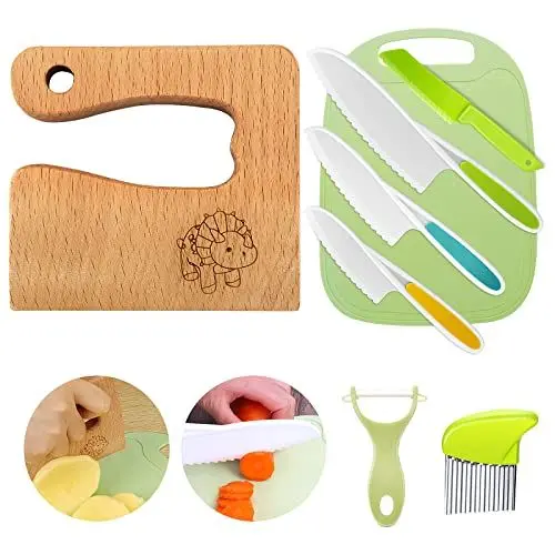 Produktbild: Goodchef Kindermesser 8-teiliges Kinder-Küchenmesser-Set zum Schneiden und Kochen von Obst oder Gemüse für Kleinkinder, inklusive Holzmesser Schneidebrett Schäler(Dinosaurier)