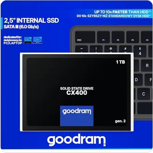 Produktbild: goodram SSD 1TB CX400 Gen.2 1024GB Solid State Drive SSD mit SATA III Interface 3D TLC NAND Flash Speicherchips 2,5 Zoll zur Beschleunigung Ihres PCs bis zu 10 Mal Schwarz 1024 GB 1 TB