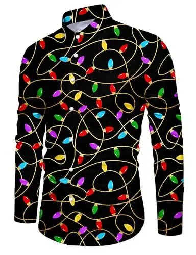 Produktbild: Goodstoworld Herren Hemd Weihnachten Männer Weihnachtsmann Blumenmuster Herren Hemden Casual Bunte Knöpfbar Langarm Stehkragen Slim Fit Christmas Schwarz Shirts L