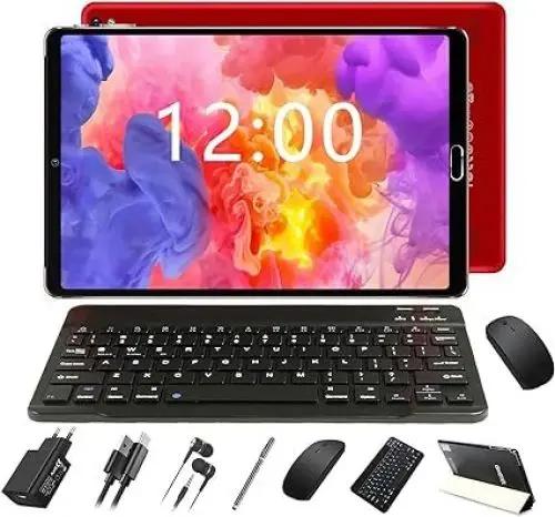 Produktbild: GOODTEL 10 Zoll Android 11 Tablet 4GB RAM + 64GB ROM mit 8 Kernen | Dual-Kamera 5+8MP | 8000mAh Akku | WiFi | Bluetooth | MicroSD 4-256GB, mit Case, Tastatur und Maus - Rot