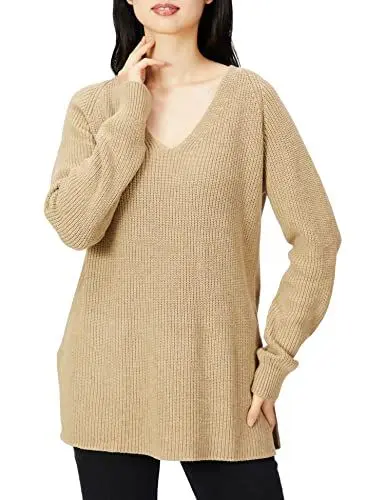 Produktbild: Goodthreads Damen Rippstrick-Pullover mit tiefem V-Ausschnitt, Kamelbraun Meliert, L