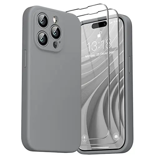 Produktbild: GOODVISH 3 in 1 Silikon Hülle für iPhone 14 Pro Max 6,7 Zoll, mit 2 Stück Schutzfolie, Ultra dünn Stoßfester Kratzfestem Handyhülle (Kameraschutz) (360°-Schutz) für iPhone 14 Pro Max 2022, Grau