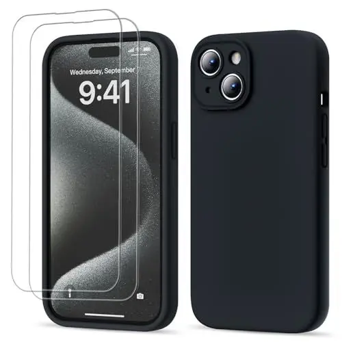 Produktbild: GOODVISH 3 in 1 für iPhone 15 Hülle Liquid Silikon, mit 2 Stück Schutzfolie (Upgraded Kameraschutz) Soft Mikrofaserfutter Handyhülle Kratzfest stoßfeste Schutz Case für iPhone 15 6.1