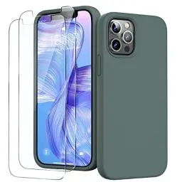 Produktbild: GOODVISH 3 in 1 für iPhone 12 Hülle & iPhone 12 Pro Hülle mit 2 Stück Schutzfolie, Liquid Silikon Rundumschutz Handyhülle, mit Weichem Mikrofaser Innenfutter Stoßfestes Schutzhülle, Piniengrün