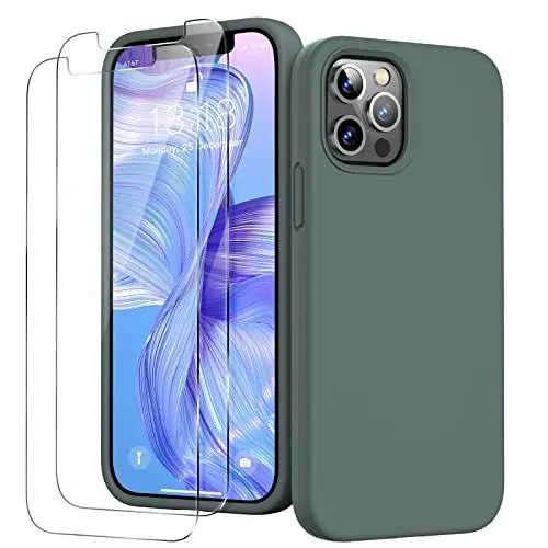 Produktbild: GOODVISH 3 in 1 für iPhone 12 Hülle & iPhone 12 Pro Hülle mit 2 Stück Schutzfolie, Liquid Silikon Rundumschutz Handyhülle, mit Weichem Mikrofaser Innenfutter Stoßfestes Schutzhülle, Piniengrün