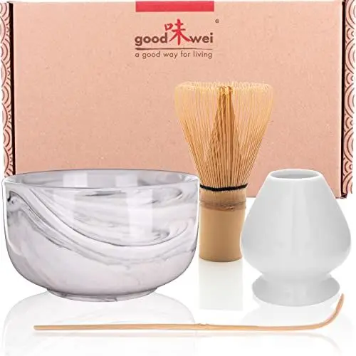 Produktbild: Goodwei Matcha Set komplett mit Matchabesen, Matcha Löffel und Matcha Schale aus Keramik mit Besenhalter im passenden Design | Kunstvoll gefertigte Teeschale Chawan (Gurei, 80)