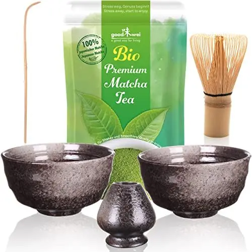 Produktbild: Goodwei Matcha Set Duo mit zwei Matcha Schalen, Matcha Besen. Besenhalter aus Keramik und BIO Matcha Tee aus Japan | Teezeremonie für Zwei (Goma)