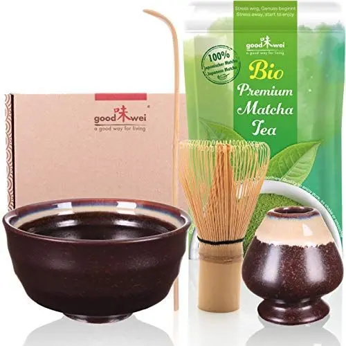 Produktbild: Goodwei Matcha Set mit Matcha Besen, Matcha Schale, Besenhalter aus Keramik und BIO Matcha Tee aus Japan | Geschenkset (Kumo)