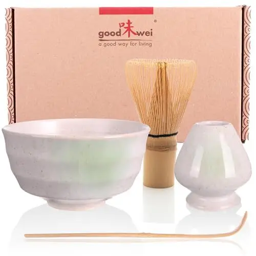 Produktbild: Goodwei Matcha Set mit Matcha Besen, Matcha Schale und Besenhalter aus Keramik | Geschenkset (Shiro)