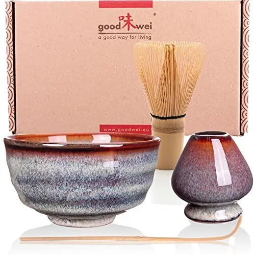 Produktbild: Goodwei Matcha Set mit Matcha Schale und Besenhalter aus Keramik, Matchabesen und Bambuslöffel | Geschenkset für Einsteiger (Uji)