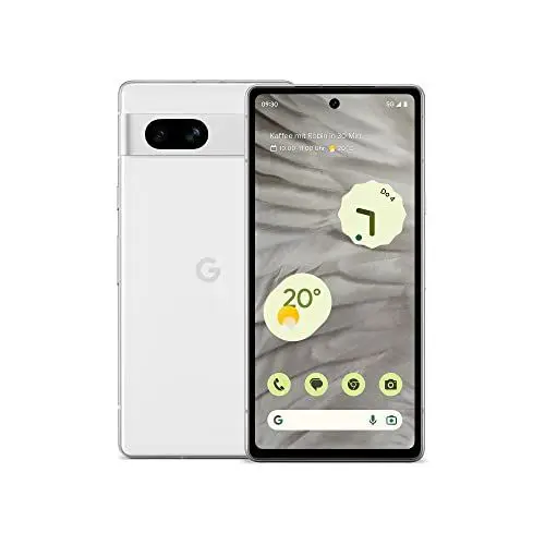 Produktbild: Google Pixel 7a und Ladegerät – 5G-fähiges-Android-Smartphone ohne SIM-Lock, mit Weitwinkelobjektiv sowie beeindruckender Akkulaufzeit – Snow