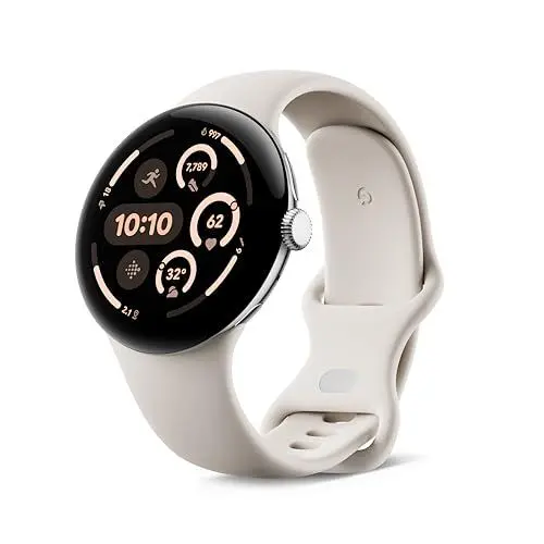 Produktbild: Google Pixel Watch 3 (45 mm) – Android smartwatch with Heart Rate Tracking, Advanced Running from Fitbit, Fitness Insights, 24-Hour Battery – Polished Silver Aluminium Case – Porcelain Band – Wi-Fi