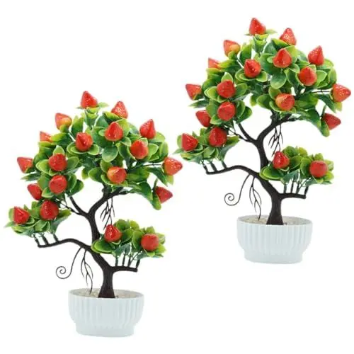 Produktbild: GOOHOCHY 2stücke Künstlicher Erdbeerbaum Bonsai Tischdeko Realistische Pflanze Für Party Garten Und Büro Pflegeleicht Langlebig Und Farbenfroh Kunstpflanze Ohne Verblassen Oder Gießen