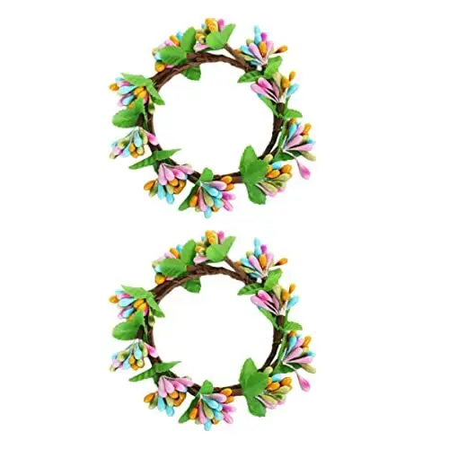 Produktbild: GOOHOCHY Ring 2st Kerzenring Kranz Osterkerzenhalter Spitzkerze Türdekoration Ostern-wohndekoration Beerenkerzenblumen Tür Wand Anhänger Feder Eisendraht Grüne Blätter Künstlich