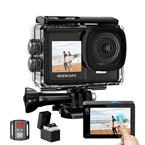 Produktbild: GOOKAM 4K 60fps 24MP Action Cam WiFi Actionkamera Dualscreen Touchscreen 40M Unterwasserkamera EIS Sportkamera 2.4G Fernbedienung Helmkamera 170°Weitwinkel mit 2x1350mAh Akkus